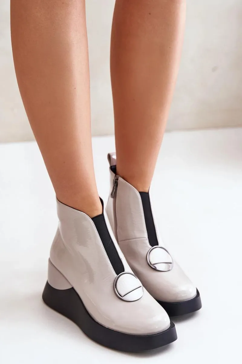 Online Lakierowane Botki Na Koturnie Ocieplane D&A MR880-136 Jasnoszare Damskie Botki Ocieplane|Botki Na Koturnie