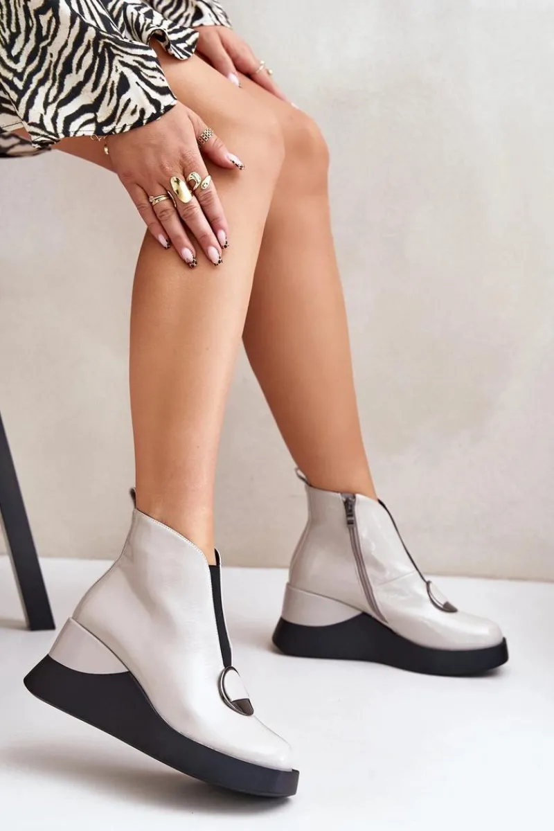 Online Lakierowane Botki Na Koturnie Ocieplane D&A MR880-136 Jasnoszare Damskie Botki Ocieplane|Botki Na Koturnie