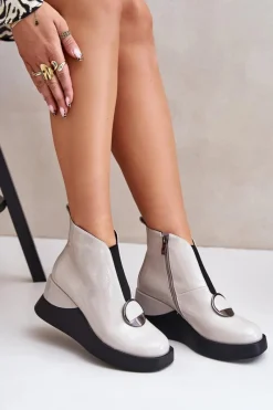 Online Lakierowane Botki Na Koturnie Ocieplane D&A MR880-136 Jasnoszare Damskie Botki Ocieplane|Botki Na Koturnie