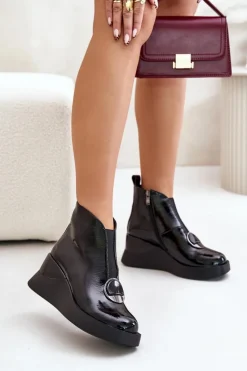 Best Damskie buty S.Barski Lakierowane Botki Na Koturnie Ocieplane D&A MR880-136 Czarne