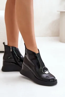 Best Damskie buty S.Barski Lakierowane Botki Na Koturnie Ocieplane D&A MR880-136 Czarne