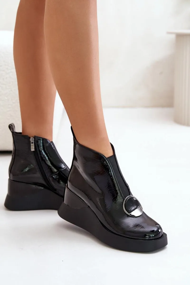 Best Damskie buty S.Barski Lakierowane Botki Na Koturnie Ocieplane D&A MR880-136 Czarne