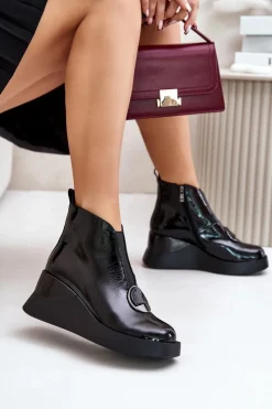Best Damskie buty S.Barski Lakierowane Botki Na Koturnie Ocieplane D&A MR880-136 Czarne