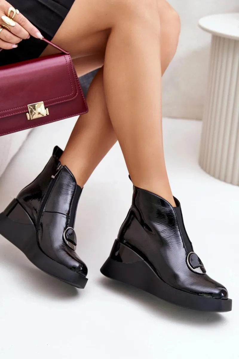 Best Damskie buty S.Barski Lakierowane Botki Na Koturnie Ocieplane D&A MR880-136 Czarne