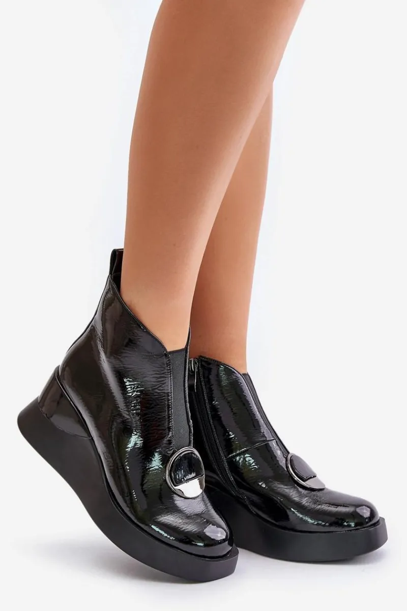 Best Damskie buty S.Barski Lakierowane Botki Na Koturnie Ocieplane D&A MR880-136 Czarne