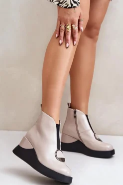 Botki Ocieplane|Botki Na Koturnie>Damskie buty S.Barski Lakierowane Botki Na Koturnie Ocieplane D&A MR880-136 Beżowe Beżowy