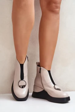 Botki Ocieplane|Botki Na Koturnie>Damskie buty S.Barski Lakierowane Botki Na Koturnie Ocieplane D&A MR880-136 Beżowe Beżowy