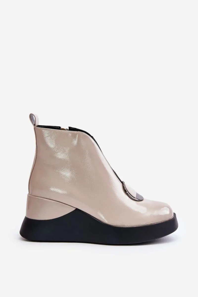 Botki Ocieplane|Botki Na Koturnie>Damskie buty S.Barski Lakierowane Botki Na Koturnie Ocieplane D&A MR880-136 Beżowe Beżowy