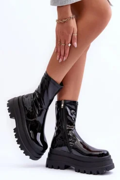 Best Lakierowane Botki Na Masywnej Platformie Czarne Mibrac Damskie Czarne Botki|Botki Płaskie