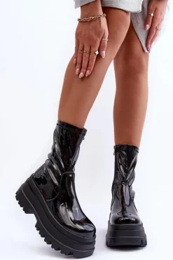 Best Lakierowane Botki Na Masywnej Platformie Czarne Mibrac Damskie Czarne Botki|Botki Płaskie