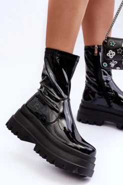 Best Lakierowane Botki Na Masywnej Platformie Czarne Mibrac Damskie Czarne Botki|Botki Płaskie