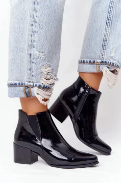 Discount Lakierowane Botki Na Obcasie Sergio Leone BT153 Czarne Damskie Botki Na Słupku|Czarne Botki