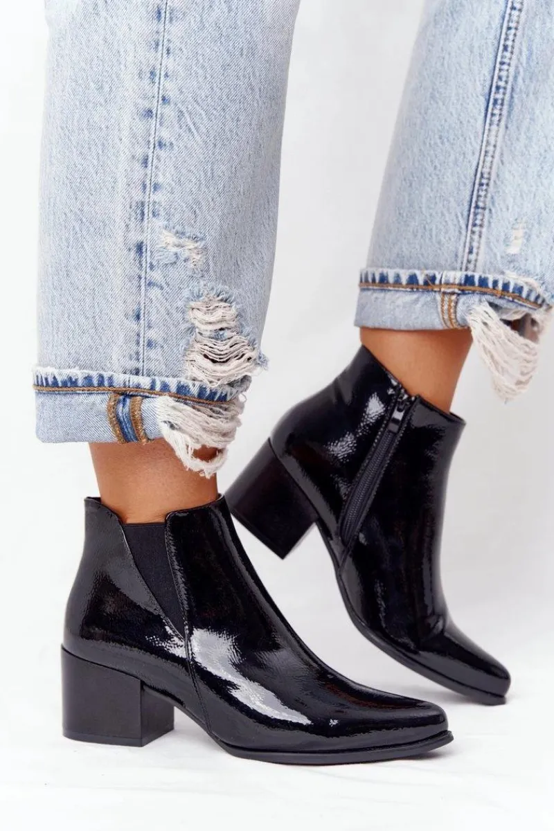 Discount Lakierowane Botki Na Obcasie Sergio Leone BT153 Czarne Damskie Botki Na Słupku|Czarne Botki