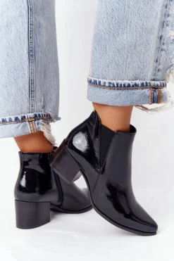 Discount Lakierowane Botki Na Obcasie Sergio Leone BT153 Czarne Damskie Botki Na Słupku|Czarne Botki