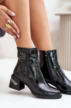 Discount Damskie buty S.Barski Lakierowane Botki Na Obcasie Ocieplane MR880-093 Czarne Czarny