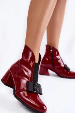 Botki Zimowe Damskie|Botki Na Obcasie>Boto Lakierowane Botki Na Obcasie Z Ozdobną Kokardą Bordowe Hallie