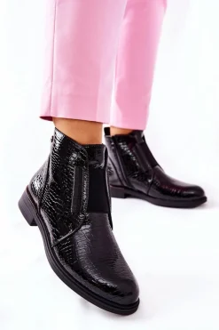 New Lakierowane Botki Na Obcasie Sergio Leone BT400 Czarne Damskie Czarne Botki|Botki Zimowe Damskie