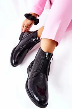 New Lakierowane Botki Na Obcasie Sergio Leone BT400 Czarne Damskie Czarne Botki|Botki Zimowe Damskie