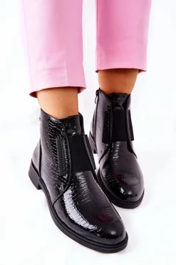 New Lakierowane Botki Na Obcasie Sergio Leone BT400 Czarne Damskie Czarne Botki|Botki Zimowe Damskie