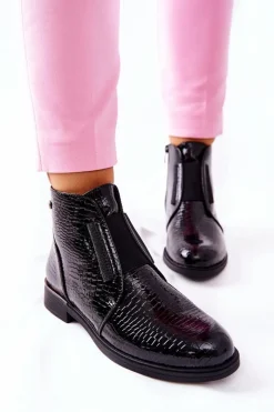 New Lakierowane Botki Na Obcasie Sergio Leone BT400 Czarne Damskie Czarne Botki|Botki Zimowe Damskie