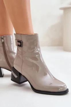 Lakierowane Botki Na Obcasie Ocieplane MR880-093 Szare Damskie Botki Ocieplane|Botki Na Słupku