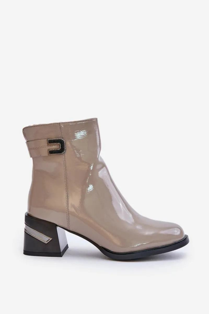 Lakierowane Botki Na Obcasie Ocieplane MR880-093 Szare Damskie Botki Ocieplane|Botki Na Słupku