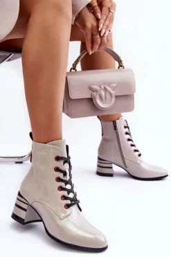 Best Damskie buty S.Barski Lakierowane Botki Na Obcasie S.Barski MR870-49 Jasnoszare