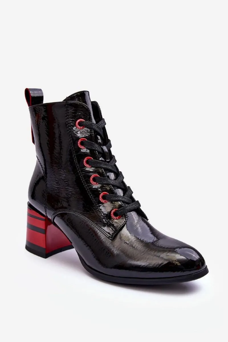 Discount Lakierowane Botki Na Obcasie S.Barski MR870-49 Czarne Damskie Botki Sznurowane|Botki Na Słupku