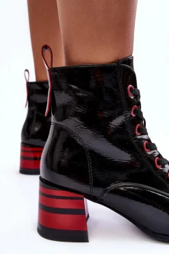 Discount Lakierowane Botki Na Obcasie S.Barski MR870-49 Czarne Damskie Botki Sznurowane|Botki Na Słupku