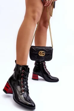 Discount Lakierowane Botki Na Obcasie S.Barski MR870-49 Czarne Damskie Botki Sznurowane|Botki Na Słupku