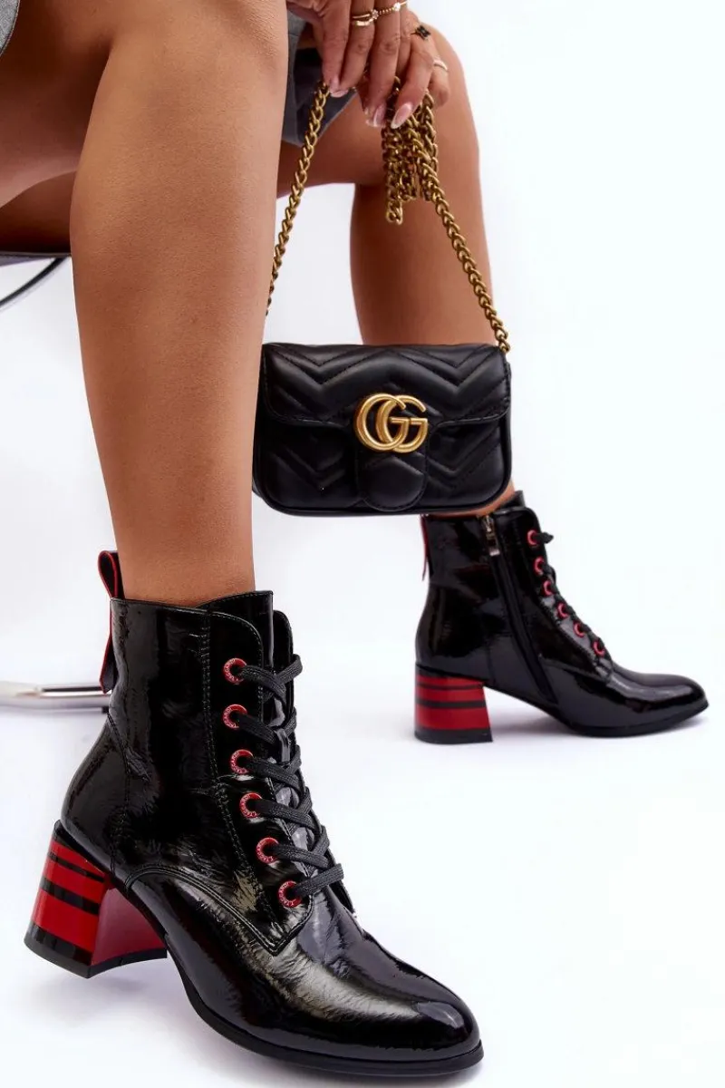 Discount Lakierowane Botki Na Obcasie S.Barski MR870-49 Czarne Damskie Botki Sznurowane|Botki Na Słupku