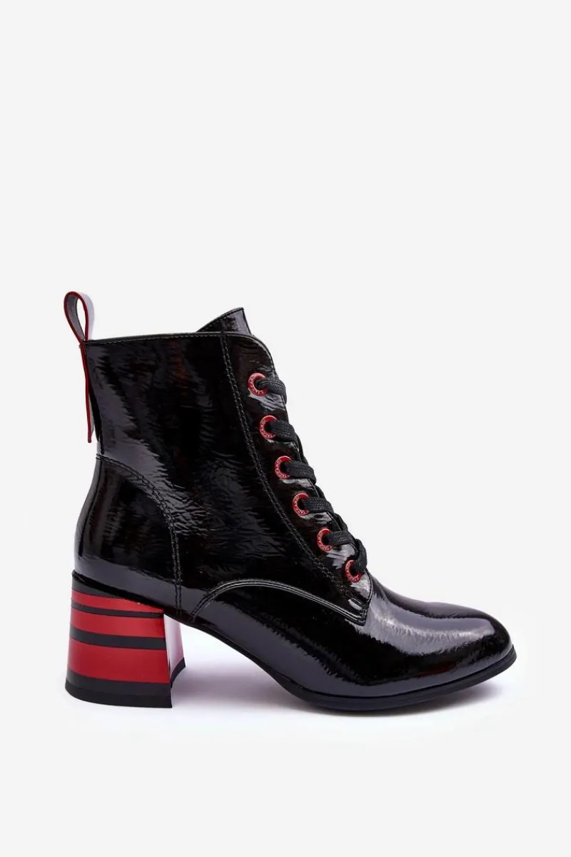 Discount Lakierowane Botki Na Obcasie S.Barski MR870-49 Czarne Damskie Botki Sznurowane|Botki Na Słupku