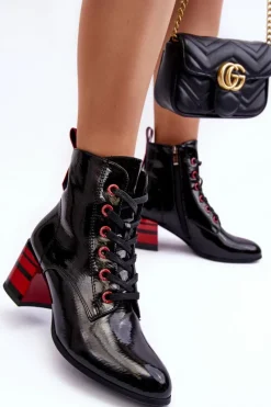 Discount Lakierowane Botki Na Obcasie S.Barski MR870-49 Czarne Damskie Botki Sznurowane|Botki Na Słupku