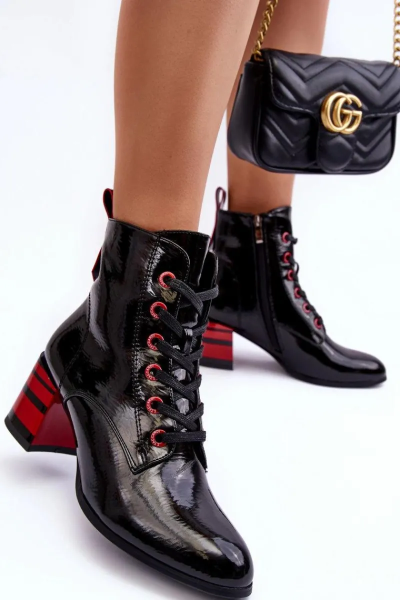 Discount Lakierowane Botki Na Obcasie S.Barski MR870-49 Czarne Damskie Botki Sznurowane|Botki Na Słupku