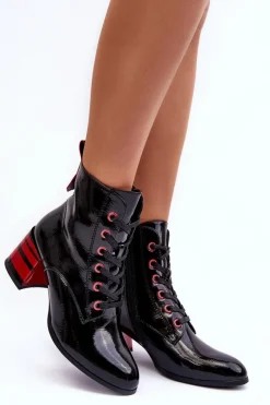 Discount Lakierowane Botki Na Obcasie S.Barski MR870-49 Czarne Damskie Botki Sznurowane|Botki Na Słupku