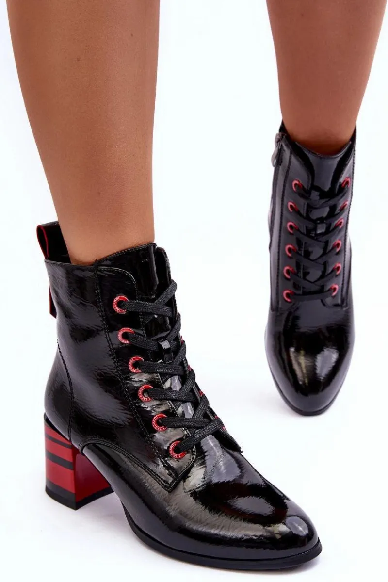 Discount Lakierowane Botki Na Obcasie S.Barski MR870-49 Czarne Damskie Botki Sznurowane|Botki Na Słupku