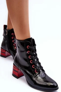 Discount Lakierowane Botki Na Obcasie S.Barski MR870-49 Czarne Damskie Botki Sznurowane|Botki Na Słupku