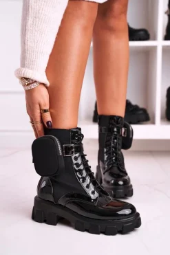 Botki Sznurowane|Czarne Botki>Boto Lakierowane Botki Na Platformie Z Nerką Czarne Army