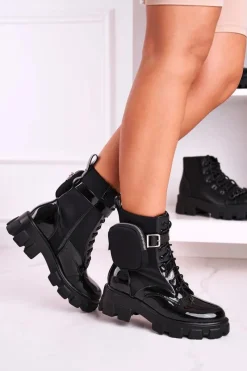 Botki Sznurowane|Czarne Botki>Boto Lakierowane Botki Na Platformie Z Nerką Czarne Army