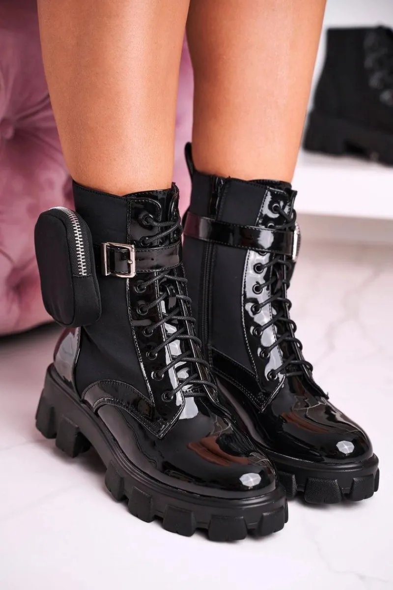 Botki Sznurowane|Czarne Botki>Boto Lakierowane Botki Na Platformie Z Nerką Czarne Army