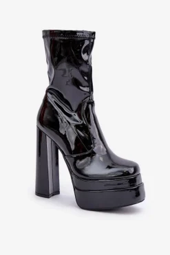 Outlet Lakierowane Botki Na Platformie I Wysokim Słupku Czarne Lotisha Damskie Botki Ocieplane|Botki Na Słupku