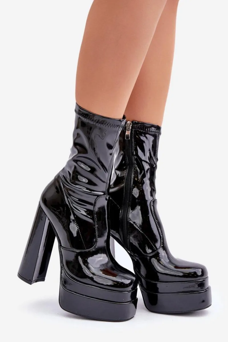Outlet Lakierowane Botki Na Platformie I Wysokim Słupku Czarne Lotisha Damskie Botki Ocieplane|Botki Na Słupku