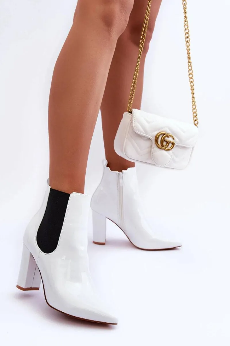 Sale Lakierowane Botki Na Słupku Białe Evita Damskie Botki Na Słupku|Botki Zimowe Damskie