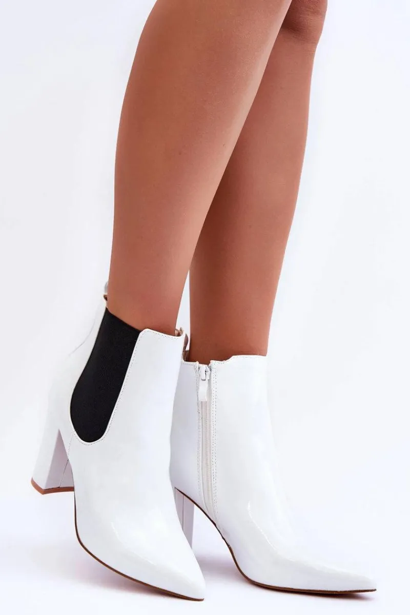 Sale Lakierowane Botki Na Słupku Białe Evita Damskie Botki Na Słupku|Botki Zimowe Damskie