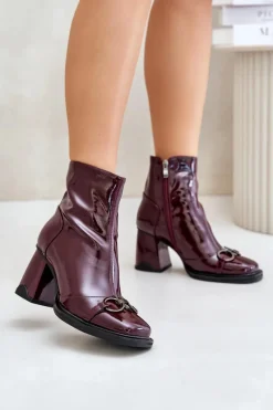 Outlet Lakierowane Botki Na Słupku Ocieplane Z Ozdobą D&A MR880-021 Bordowe Damskie Botki Na Obcasie