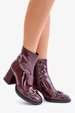 Outlet Lakierowane Botki Na Słupku Ocieplane Z Ozdobą D&A MR880-021 Bordowe Damskie Botki Na Obcasie