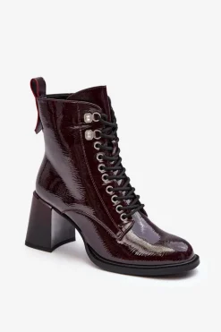 Hot Damskie buty S.Barski Lakierowane Botki Na Słupku Sznurowane Bordowe S.Barski MR870-06