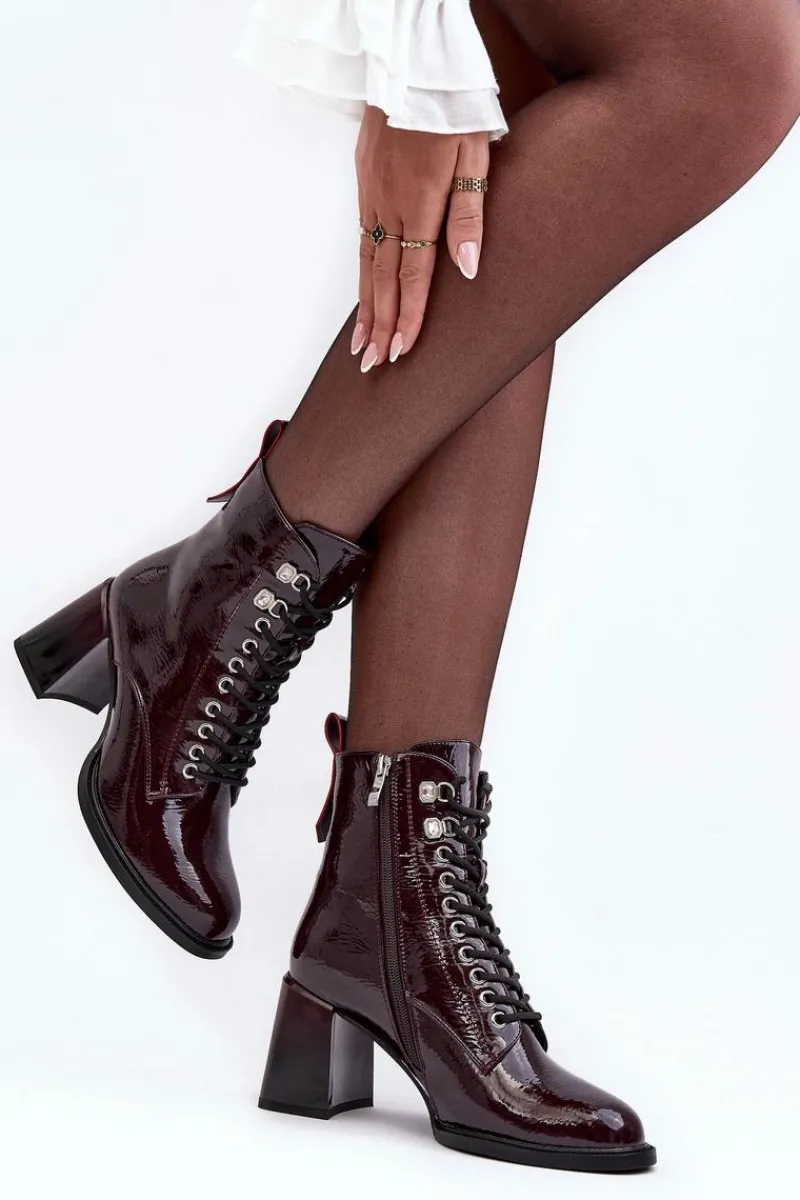 Hot Damskie buty S.Barski Lakierowane Botki Na Słupku Sznurowane Bordowe S.Barski MR870-06