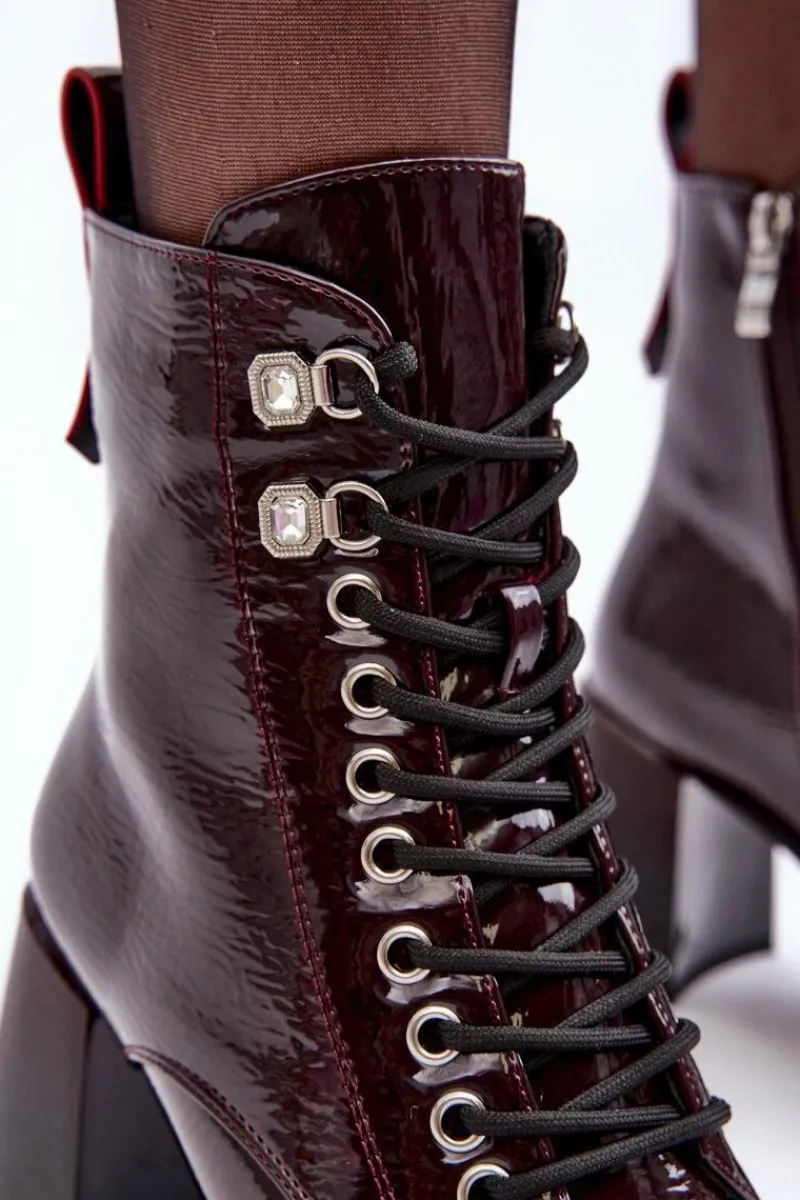 Hot Damskie buty S.Barski Lakierowane Botki Na Słupku Sznurowane Bordowe S.Barski MR870-06