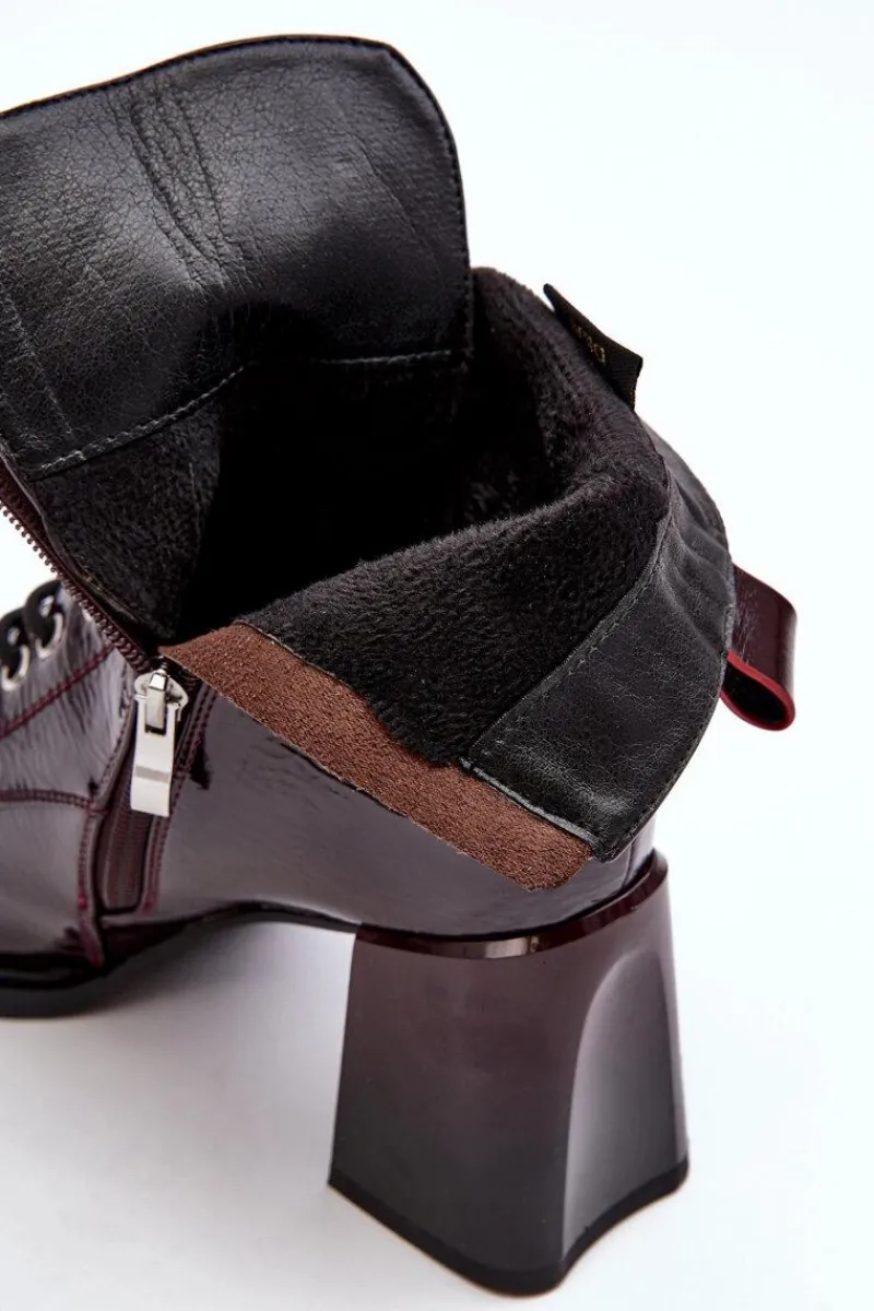 Hot Damskie buty S.Barski Lakierowane Botki Na Słupku Sznurowane Bordowe S.Barski MR870-06